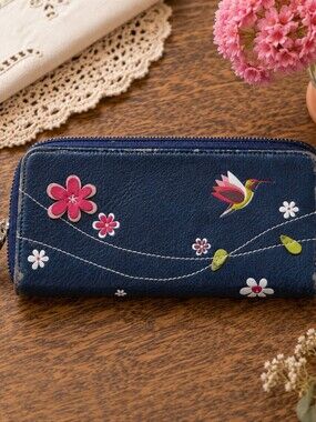 Sakroots Blue Hummingbird Floral Zip Around Wallet